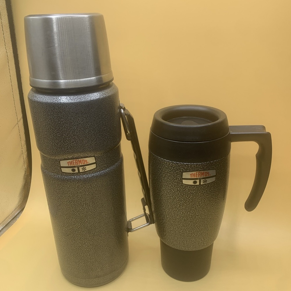 Thermos Work Series 40 Ounce Beverage Bottle Hammered  Gray With Handle & Mug